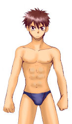 Rule 34 | 1boy, angry, blue male swimwear, blue swim briefs, clenched hands, club z, cowboy shot, looking at viewer, male focus, male swimwear, original, simple background, solo, swim briefs, swimsuit, white background