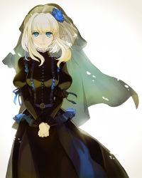 Rule 34 | 1girl, black dress, blonde hair, blue eyes, blue flower, blue rose, breasts, cherico, cosplay, dress, elisabeth von wettin, flower, hair flower, hair ornament, looking at viewer, maerchen (album), own hands clasped, own hands together, rose, solo, sound horizon, therese von ludowing, therese von ludowing (cosplay), veil