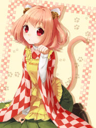 Rule 34 | 1girl, animal ears, apron, bad id, bad pixiv id, bell, blush, brown eyes, cat ears, cat girl, cat tail, character name, checkered clothes, checkered kimono, clothes writing, female focus, hair bell, hair ornament, japanese clothes, jingle bell, kemonomimi mode, kimono, long hair, looking at viewer, motoori kosuzu, nunucco, paw pose, paw print, red eyes, red hair, short hair, solo, tail, touhou, twintails, two side up