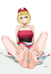 Rule 34 | 1girl, barefoot, blonde hair, blue eyes, breasts, collar, creatures (company), easonx, feet, foot focus, foreshortening, frown, game freak, hair between eyes, highres, irida (pokemon), large breasts, looking at viewer, nintendo, pokemon, pokemon legends: arceus, red headwear, red shirt, shirt, short hair, shorts, sign, sitting, skindentation, soles, solo, spread toes, strapless, strapless shirt, toes, white shorts