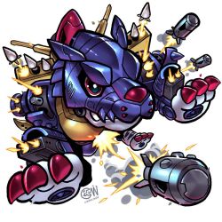 Rule 34 | armor, artist logo, blue armor, chibi, commentary, cwdw, cyborg, digimon, digimon (creature), english commentary, firing, full body, highres, mechanical parts, mechanical wings, metalgarurumon, missile, missile pod, red eyes, rocket launcher, simple background, solo, weapon, white background, wings, wolf