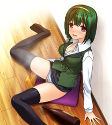 Rule 34 | 1girl, alcohol, bad id, bad pixiv id, blush, bottle, breasts, cleavage, clothes lift, green hair, hairband, idolmaster, idolmaster (classic), medium breasts, mole, mole under mouth, open mouth, otonashi kotori, panties, pee, peeing, peeing self, pencil skirt, pillow, puddle, red eyes, short hair, sitting, skindentation, skirt, skirt lift, solo, spill, spread legs, striped clothes, striped panties, tears, thighhighs, totokichi, underwear, upskirt, wariza, wavy mouth