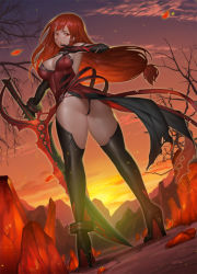 Rule 34 | 1girl, :p, ass, bare shoulders, black thighhighs, bling (wnsdud34), breasts, cleavage, crimson avenger (elsword), elbow gloves, elesis (elsword), elsword, full body, gloves, high heels, highres, legs, long hair, looking at viewer, looking back, original, red eyes, red hair, solo, standing, sword, thighhighs, thighs, tongue, tongue out, weapon