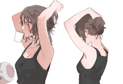 Rule 34 | 1girl, arms up, bang dream!, bare arms, black tank top, blush, breasts, brown hair, cleavage, commentary request, cup, disposable cup, fresa pie, grey eyes, hair bun, hair ornament, hairclip, medium breasts, medium hair, neck blush, okusawa misaki, simple background, solo, sweat, tank top, tying hair, upper body, white background