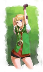 Rule 34 | 1girl, athenawyrm, blonde hair, blue eyes, braid, choker, gloves, hat, highres, hyrule warriors, leather, leather gloves, linkle, long hair, looking at viewer, nintendo, one eye closed, pointy ears, short sleeves, sketch, solo, the legend of zelda, twin braids