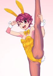 Rule 34 | 10s, 1girl, aikatsu!, aikatsu! (series), animal ears, bare shoulders, blush, breasts, cleavage, detached collar, fake animal ears, ichinose kaede, kicking, leg up, looking at viewer, oku (okumen), one eye closed, open mouth, pantyhose, playboy bunny, rabbit ears, rabbit tail, red eyes, red hair, short hair, small breasts, smile, solo, tail, v, wink, wrist cuffs
