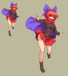 Rule 34 | 1girl, bare legs, blouse, bow, cape, covered mouth, grey background, hair bow, long sleeves, looking at viewer, miniskirt, namako daibakuhatsu, outstretched arms, pixel art, pleated skirt, red eyes, red hair, red skirt, sekibanki, shirt, short hair, simple background, skirt, solo, standing, standing on one leg, touhou