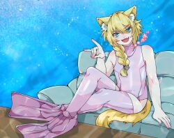 Rule 34 | air bubble, animal ear fluff, animal ears, blonde hair, bobotatamu, braid, bubble, cat ears, commission, couch, crossed legs, diving, diving suit, fang, flippers, fox shadow puppet, highres, one-piece swimsuit, open mouth, original, pink one-piece swimsuit, pink thighhighs, side braid, skeb commission, skin fang, smug, swimsuit, thighhighs