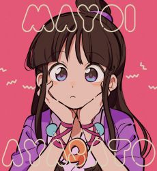 Rule 34 | 1girl, ace attorney, blunt bangs, brown hair, character name, expressionless, head rest, highres, long hair, magatama, maya fey, nono (norabi), pink background, sidelocks, solo, upper body
