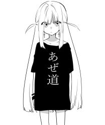 Rule 34 | 1girl, :&lt;, arms at sides, bracelet, closed mouth, clothes writing, collarbone, cowboy shot, cross, cross earrings, earrings, greyscale, highres, jewelry, long hair, mochizuki kei, monochrome, original, shirt, sidelocks, simple background, solo, t-shirt, two side up, very long hair