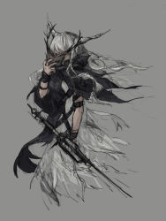 Rule 34 | 1girl, absurdres, arknights, belt, grey background, highres, holding, holding mask, horns, iwapd3, long hair, mask, shining (arknights), silver hair, sketch, solo, torn clothes, very long hair