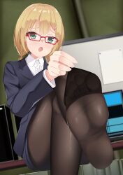 Rule 34 | 1girl, absurdres, blonde hair, blush, clothes pull, feet, glasses, green eyes, highres, jamie hazaford, looking at viewer, medium hair, open mouth, pantyhose, pantyhose pull, shirogane no ishi argevollen, soles, toes