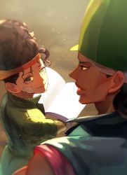 Rule 34 | 2boys, bandaid, bandaid on face, black hair, boingo, book, brothers, closed mouth, dark-skinned male, dark skin, green eyes, green headwear, green jacket, hat, holding, holding book, jacket, jojo no kimyou na bouken, lips, looking at another, multiple boys, oingo, outdoors, short sleeves, siblings, smile, stardust crusaders, zouhyou (at4190)