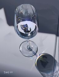 Rule 34 | absurdres, black cat, black eyes, cat, cup, drinking glass, highres, jiuminene, luo xiaohei, luo xiaohei zhanji, no humans, refraction, shadow, undersized animal, wine glass