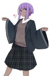 Rule 34 | 1girl, :&gt;, black jacket, black skirt, blazer, blush, closed mouth, dark-skinned female, dark skin, fate/prototype, fate/prototype: fragments of blue and silver, fate (series), hassan of serenity (fate), heart, i.u.y, jacket, long sleeves, looking at viewer, open clothes, open jacket, plaid, plaid skirt, pleated skirt, purple eyes, purple hair, shirt, sidelocks, simple background, skirt, smile, solo, spoken heart, sweater vest, unmoving pattern, white background, white shirt, wide sleeves