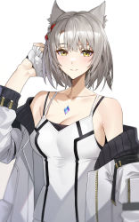 Rule 34 | 1girl, animal ears, asymmetrical hair, blush, braid, breasts, camisole, chest jewel, cleavage, closed mouth, collarbone, commentary, fingerless gloves, french braid, gloves, grey hair, half gloves, hand in own hair, highres, jacket, large breasts, looking at viewer, mio (xenoblade), multicolored hair, off shoulder, open clothes, open jacket, raitho, red hair, short hair, simple background, single braid, smile, solo, two-sided fabric, two-sided jacket, two-tone hair, upper body, white background, white camisole, white gloves, white jacket, xenoblade chronicles (series), xenoblade chronicles 3, yellow eyes, zipper