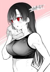 Rule 34 | 1girl, asakura ryousuke, bare shoulders, black hair, black sports bra, breasts, collarbone, commentary request, earrings, exercising, final fantasy, final fantasy vii, final fantasy vii remake, greyscale, hair behind ear, highres, holding, holding towel, jewelry, large breasts, light blush, long hair, looking to the side, midriff, monochrome, navel, parted lips, red eyes, single earring, solo, sports bra, spot color, sweat, sweatdrop, swept bangs, tifa lockhart, toned, towel, upper body