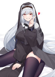 Rule 34 | 1girl, absurdres, arknights, black dress, black headwear, black thighhighs, breasts, capelet, cowboy shot, darling0221, dress, grey capelet, grin, habit, hair between eyes, hand up, heart, highres, index finger raised, large breasts, long hair, looking at viewer, nun, open clothes, parted lips, pelvic curtain, red eyes, ribbed sweater, silver hair, simple background, sitting, smile, specter (arknights), sweater, thighhighs, turtleneck, turtleneck sweater, wariza, weapon, white background, zettai ryouiki
