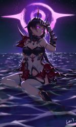 Rule 34 | 1girl, absurdres, armor, artist name, backlighting, bare shoulders, boots, breastplate, breasts, cleavage, clothing cutout, commentary request, gao guangyue, gauntlets, glowing, glowing eyes, halterneck, hand on own head, highres, honkai (series), honkai impact 3rd, horizon, horns, large breasts, long hair, looking at viewer, medium breasts, navel cutout, night, night sky, ocean, oni horns, outdoors, parted lips, partially submerged, purple eyes, purple hair, raiden mei, raiden mei (herrscher of thunder), shoulder armor, signature, sitting, sky, solo, star (sky), starry sky, thighhighs, very long hair, watermark, white thighhighs