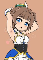 Rule 34 | 1girl, armpits, arms up, bare shoulders, blue eyes, blunt bangs, blush, breasts, brown background, brown hair, buttons, cleavage, corset, dress, ekuseria, eyebrows, facing away, frills, gem, hair intakes, hat, highres, looking away, looking to the side, medium breasts, mini hat, no bra, shironeko project, short hair, simple background, solo, steam, tongue, white wings, winged hat, wings, yuuya (blue scarab)