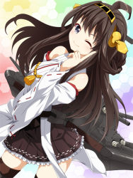 Rule 34 | &gt;;), 10s, 1girl, bare shoulders, black thighhighs, blue eyes, blush, breasts, brown hair, cannon, detached sleeves, double bun, gotou jin, hair bun, hair ornament, hairband, headgear, japanese clothes, kantai collection, kongou (kancolle), long hair, nontraditional miko, one eye closed, personification, skirt, smile, solo, thighhighs, turret, v-shaped eyebrows, wink