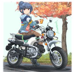 Rule 34 | 1girl, absurdres, ankle boots, autumn, blue footwear, blue hair, blue jacket, boots, brown pants, closed mouth, commentary request, cup, day, denim, fringe trim, from behind, hair bun, highres, holding, holding cup, honda, honda dax, hood, hood down, hooded jacket, jacket, jeans, light frown, logo, long sleeves, looking at viewer, looking back, mikeran (mikelan), motor vehicle, motorcycle, on motorcycle, outdoors, pants, partial commentary, pink scarf, plaid, plaid scarf, purple eyes, scarf, shadow, shima rin, short hair, sitting, solo, translated, tree, yurucamp