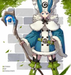 Rule 34 | 1girl, belt, black thighhighs, blue coat, blue eyes, boots, capelet, coat, english text, fur trim, garter straps, green footwear, heart, hirobee, holding, holding staff, knee boots, leaf, looking away, looking to the side, original, solo, staff, thighhighs, white hair, wide sleeves