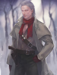 Rule 34 | 1boy, artist name, bandolier, bare tree, beard, belt, blue eyes, coat, facial hair, gloves, grey hair, gun, hand on own hip, handgun, holster, looking at viewer, male focus, metal gear (series), metal gear solid v: the phantom pain, mugikoma, mustache, realistic, red gloves, revolver, revolver ocelot, scarf, smile, snow, solo, tree, weapon