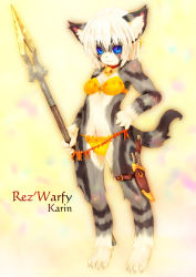Rule 34 | 1girl, animal ears, animal hands, barefoot, bell, blue eyes, bra, breasts, cleavage, collar, feet, female focus, full body, furry, furry female, gradient background, hand on own hip, hip focus, knife, looking at viewer, neck bell, panties, polearm, small breasts, solo, spear, standing, tail, tashiro yuu, toes, underwear, weapon, whiskers, white hair