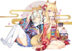 Rule 34 | 1girl, animal, animal ears, animal on head, arm up, bare legs, bare shoulders, barefoot, bell, blonde hair, blue kimono, bowl, breasts, chopsticks, cleavage, closed mouth, commentary request, dog, dog on head, eating, floral print, fox ears, fox girl, fox tail, fur collar, hair between eyes, head tilt, holding, holding bowl, holding chopsticks, horns, japanese clothes, jingle bell, kagami mochi, kimono, long hair, long sleeves, medium breasts, off shoulder, on head, one eye closed, oni horns, original, print kimono, purple eyes, reclining, red kimono, rie (reverie), silver hair, sitting, solo, tail, thick eyebrows, thighhighs, very long hair, wariza, white thighhighs, wide sleeves, yellow eyes