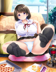 Rule 34 | 1girl, aikawa kotomi, ass, bare legs, black skirt, black socks, breasts, brown hair, bursting breasts, cellphone, chips (food), cleavage, closed mouth, clothes lift, collarbone, collared shirt, couch, crotch, curtains, cushion, dakikano, earbuds, earphones, food, foreshortening, glass, highres, huge breasts, indoors, kaisen chuui, leaf, looking at viewer, official art, on floor, panties, pepperoni, phone, pizza, pizza box, pizza slice, plant, pleated skirt, potato chips, potted plant, purple eyes, railing, red neckwear, school uniform, shirt, short hair, sidelocks, sitting, skirt, skirt lift, sky, sleeves rolled up, smartphone, smile, socks, soft drink, solo, spread legs, thighs, tight clothes, tight shirt, tissue, tray, tree, underwear, white panties, white shirt, window, wooden floor