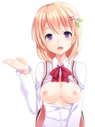 Rule 34 | 1girl, blush, bow, bowtie, breasts, breasts out, dress shirt, flower, gochuumon wa usagi desu ka?, hair flower, hair ornament, hairclip, highres, hoto cocoa, long sleeves, looking at viewer, nipples, no bra, nyanchu, open clothes, open mouth, open shirt, open vest, orange hair, purple eyes, rabbit house uniform, shirt, simple background, smile, solo, upper body, vest, waitress, white background, wing collar