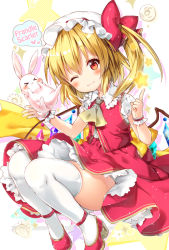 Rule 34 | &gt; &lt;, 1girl, :3, ;), anklet, ascot, blonde hair, blush, bow, character name, commentary request, crystal, doughnut, flandre scarlet, food, hat, hat bow, hat ribbon, head tilt, heart, index finger raised, jewelry, layered skirt, looking at viewer, mob cap, one eye closed, one side up, puffy short sleeves, puffy sleeves, rabbit, red bow, red eyes, red footwear, red ribbon, red skirt, red vest, ribbon, riichu, shirt, shoes, short sleeves, skirt, skirt set, smile, solo, star (symbol), thighhighs, touhou, vest, white hat, white shirt, white thighhighs, wings, wrist cuffs, yellow bow, yellow ribbon