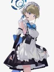 Rule 34 | 1girl, apron, back bow, blonde hair, blue archive, blue bow, blue bowtie, blue eyes, bow, bowtie, bun cover, chest harness, dress, earpiece, eikkia0, elbow gloves, fingerless gloves, gloves, halo, harness, highres, maid apron, maid headdress, pouch, sleeveless, sleeveless dress, solo, toki (blue archive)