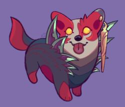 Rule 34 | alternate size, animal, animal focus, dog, highres, kenneky, league of legends, naafiri, no humans, no pupils, purple background, simple background, tongue, tongue out, welsh corgi, yellow eyes