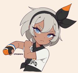 Rule 34 | 1girl, bea (pokemon), black bodysuit, black bow, black hairband, bodysuit, bodysuit under clothes, bow, bow hairband, closed mouth, creatures (company), cremanata, dynamax band, frown, game freak, gloves, grey eyes, hair between eyes, hairband, highres, looking at viewer, nintendo, partially fingerless gloves, pokemon, pokemon swsh, short hair, short sleeves, single glove, solo
