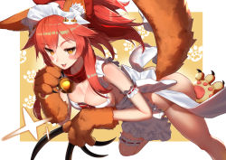 Rule 34 | 1girl, :3, :d, animal ear fluff, animal ears, animal hands, apron, ass, bell, blush, border, bottomless, breasts, bridal garter, brown eyes, cleavage, collar, commentary request, fate/grand order, fate (series), feet out of frame, fox ears, fox tail, frilled apron, frills, gloves, large breasts, long hair, looking at viewer, maid headdress, naked apron, neck bell, open mouth, outside border, paw gloves, paw print, paw print background, ponytail, red collar, red hair, scottie (phantom2), sidelocks, smile, solo, sparkle, tail, tamamo (fate), tamamo cat (fate), tamamo cat (third ascension) (fate), thighs, white apron, white border, yellow background