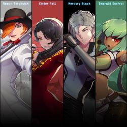 Rule 34 | 2boys, 2girls, arrow (projectile), asymmetrical bangs, belt, black gloves, black hair, black headwear, black pants, bow (weapon), bowler hat, cane, character name, cinder fall, closed mouth, coat, collar, collared coat, crop top, dark skin, dress, emerald sustrai, gloves, green eyes, green hair, grey hair, hair over one eye, hat, high collar, highres, holding, holding arrow, long hair, long sleeves, looking at viewer, looking to the side, mercury black, midriff, multiple boys, multiple girls, nail polish, official art, open mouth, orange hair, pants, red dress, red eyes, roman torchwick, rwby, shirt, short hair, standing, stick, uyalago, weapon, white coat, yellow eyes