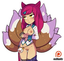 Rule 34 | 1girl, ahri (league of legends), breasts, chibi, kitsune, league of legends, lowres, pink hair, pussy, sadisticirony, solo, uncensored, wide hips, yellow eyes