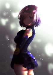 Rule 34 | 1girl, armor, armored dress, ass, bad id, bad pixiv id, breasts, closed mouth, commentary, dress, elbow gloves, fate (series), gloves, hair over one eye, hand on own chest, head tilt, highres, looking at viewer, looking to the side, mash kyrielight, medium breasts, purple dress, purple eyes, purple gloves, purple hair, saruei, short hair, sleeveless, sleeveless dress, smile, solo
