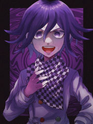 Rule 34 | 1boy, :d, black border, black scarf, blood, blood from mouth, blush, border, buttons, checkered clothes, checkered neckwear, checkered scarf, danganronpa (series), danganronpa v3: killing harmony, double-breasted, flipped hair, grey jacket, hair between eyes, hand up, highres, iwashi (kamekazusa), jacket, long sleeves, looking at viewer, open mouth, oma kokichi, pink blood, purple background, purple eyes, purple hair, scarf, smile, solo, sweat, teeth, upper body, upper teeth only, v-shaped eyebrows, white scarf