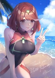 Rule 34 | 1girl, bare arms, bare shoulders, beach, black one-piece swimsuit, breasts, chest jewel, competition swimsuit, cowboy shot, day, highres, jewelry, large breasts, leaning forward, mirin., one-piece swimsuit, outdoors, pyra (pro swimmer) (xenoblade), pyra (xenoblade), red eyes, red hair, short hair, solo, swept bangs, swimsuit, tiara, tongue, tongue out, v, xenoblade chronicles (series), xenoblade chronicles 2