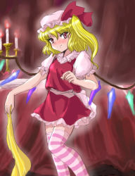 Rule 34 | 1girl, blonde hair, blouse, blush, candle, candlestand, female focus, flandre scarlet, flx, hair between eyes, hat, head tilt, mob cap, one side up, ponytail, red eyes, shirt, side ponytail, solo, striped clothes, striped thighhighs, thighhighs, touhou, vampire, white hat, white shirt, wings