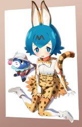 Rule 34 | 10s, 1girl, animal ears, bare shoulders, blue eyes, blue hair, blush, bow, bowtie, cat ears, cat tail, clothed pokemon, cosplay, creatures (company), elbow gloves, game freak, gen 7 pokemon, gloves, hair ornament, hat, hat feather, kaban (cosplay), kaban (kemono friends), kaban (kemono friends) (cosplay), kemono friends, lana (pokemon), mushi gyouza, nintendo, open mouth, pokemon, pokemon sm, popplio, serval (kemono friends), serval (kemono friends) (cosplay), serval print, serval tail, short hair, simple background, sleeveless, tail, thighhighs, trial captain, white background