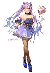 Rule 34 | 1girl, absurdres, alternate costume, arm garter, belt, black bow, black choker, black footwear, blue hair, blush, boots, bow, breasts, brown belt, brown pantyhose, choker, closed mouth, commentary, cone hair bun, crossed legs, dress, earrings, floating, floating object, flower, frilled dress, frills, full body, genshin impact, gloves, gradient hair, hair between eyes, hair bow, hair bun, hair flower, hair ornament, highres, jewelry, keqing (genshin impact), layered skirt, light blue hair, lips, long hair, looking at viewer, medium breasts, multicolored hair, onigiri yumi09, pantyhose, pearl hair ornament, purple dress, purple eyes, purple hair, short dress, simple background, skirt, smile, solo, standing, starry sky print, strapless, strapless dress, twintails, twitter username, two-tone hair, watson cross, white background, white gloves