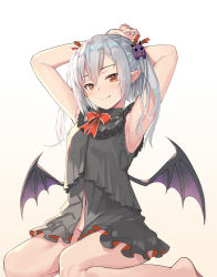 Rule 34 | 1girl, armpits, arms behind head, arms up, bare arms, bare legs, bare shoulders, barefoot, black dress, bow, bowtie, closed mouth, demon wings, do2mi doreimi, dress, fang, frills, hair ornament, half-closed eyes, highres, indie virtual youtuber, long hair, looking at viewer, midriff peek, no panties, orange eyes, original, pointy ears, red bow, red bowtie, sidelocks, silver hair, sitting, sleeveless, sleeveless dress, slit pupils, smile, solo, thighs, twintails, virtual youtuber, wing collar, wings