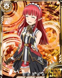 Rule 34 | 10s, 1girl, blunt bangs, brown gloves, card (medium), closed eyes, gloves, headdress, hime cut, long hair, open mouth, pointy ears, rain (sao), red hair, red shorts, short shorts, shorts, solo, star (symbol), sword art online, thighhighs, white thighhighs