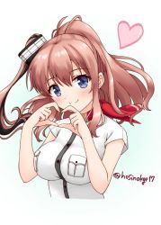 Rule 34 | 1girl, bad id, bad twitter id, blue eyes, breast pocket, brown hair, dress, hair between eyes, heart, heart hands, hoshino kagari, kantai collection, looking at viewer, neckerchief, pocket, ponytail, red neckerchief, saratoga (kancolle), side ponytail, sidelocks, smile, solo, twitter username, upper body, white dress