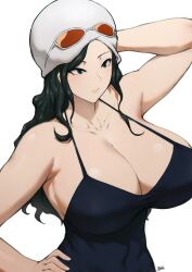 Rule 34 | 1girl, arm behind head, armpits, bare shoulders, batako (batakoart), black dress, black hair, blue eyes, breasts, cleavage, closed mouth, collarbone, covered navel, curvy, dress, eyewear on head, hand on own hip, hand up, hat, highres, huge breasts, long hair, looking to the side, mature female, nico robin, one piece, simple background, solo, white background, white hat