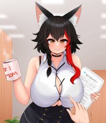 Rule 34 | 1girl, absurdres, alternate breast size, animal ear fluff, animal ears, bra, bra visible through clothes, breasts, cleavage, coffee, coffee mug, cup, highres, holding, holding cup, hololive, houshou marine, houshou marine (businesswoman), huge breasts, mug, multicolored hair, office lady, ookami mio, pen, plant, pointing, potted plant, red hair, smile, steam, streaked hair, the only shoe, trembling, underboob, underwear, virtual youtuber, wolf girl, yellow eyes